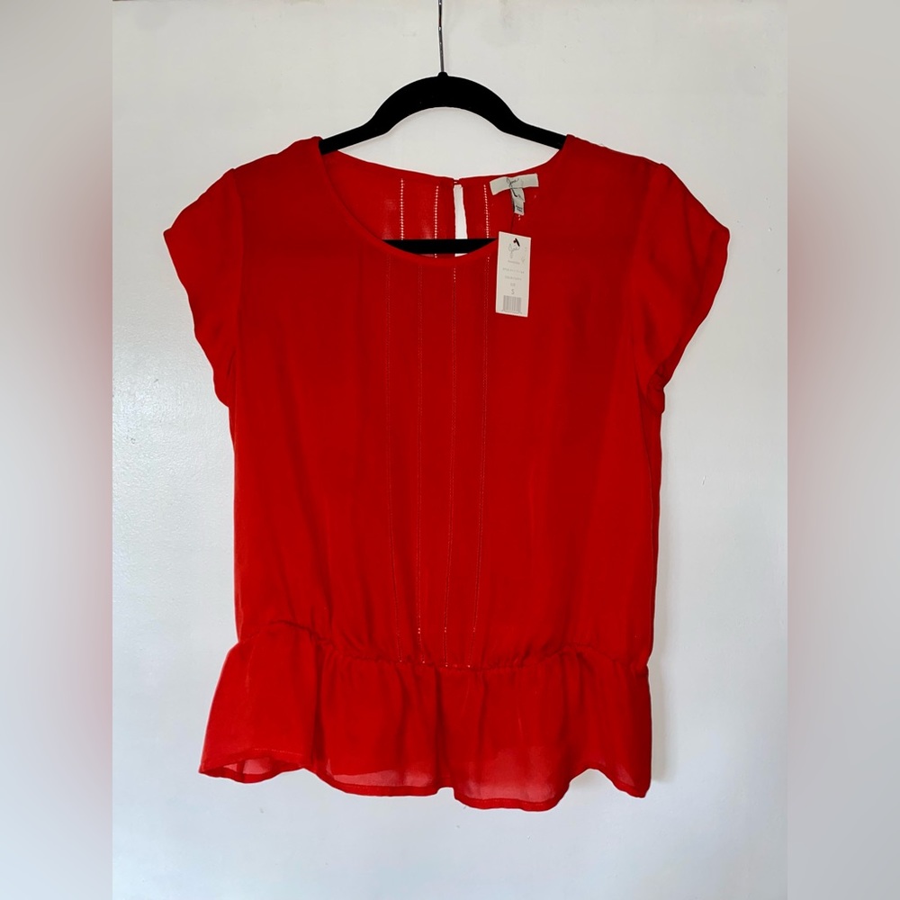 NWT Joie red 100% silk lightweight short sleeve elastic waist blouse size small